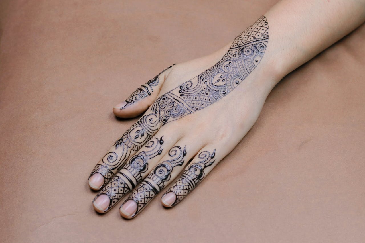 Home A close-up of a hand with intricate mehndi designs showcasing cultural artistry.